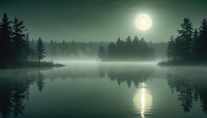 Fototapeta premium A serene moonlit night over a misty reflective lake
