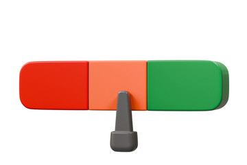 3d Speedometer icon. Minimal Status Speedometer with arrow scale gauge. Green, Yellow, Orange, Red Status color or low, medium, high arrow scale performance status icon. Credit rating score. 3d render