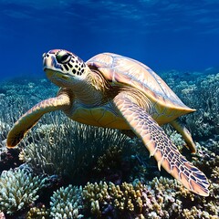 Obraz premium Sea Turtle Gracefully Swimming Coral Reef Habitat (1)