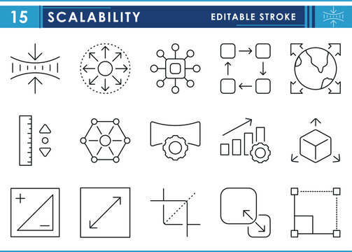 A set of line icons related to Scalability. Scale, stretch, expand, positive, negative, and so on. Vector editable stroke.