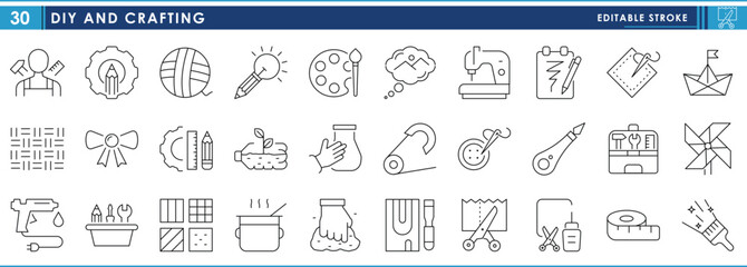 A set of line icons related to DIY and Crafting. Craftsman, fabric, knitting, glue, tools, wooden, needle, waste management, glue, and so on. Vector editable stroke.