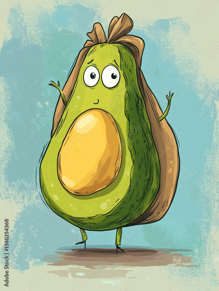 Poster humorous cartoon avocado joyfully carrying a large grocery bag in a playful pastel background genera