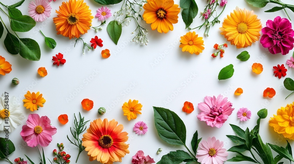 Aufkleber An array of colorful, fresh flowers is artistically spread across a white surface, creating a joyful and lively atmosphere. Different petals and leaves blend in harmony