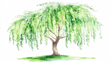 Watercolor image of a weeping willow tree with hanging green foliage on grass