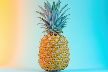 A whole yellow pineapple standing against a colorful gradient backdrop