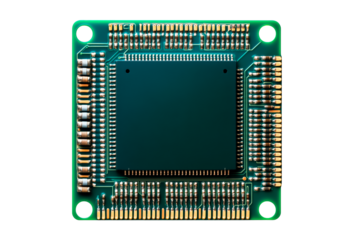 Close-up microchip with intricate circuit design isolated on transparent background