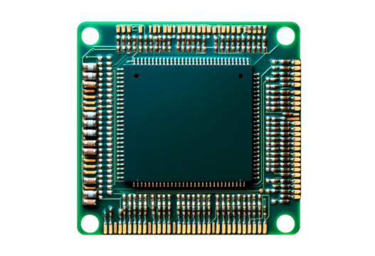 Close-up microchip with intricate circuit design isolated on transparent background