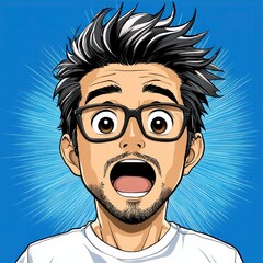 Surprised Man Illustration Closeup Anime Style Portrait with Radiating Blue Background