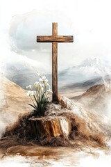 Wooden cross on a rocky hill with blooming white lilies in a desert landscape symbolizing resurrection hope and the promise of new life. Digital watercolor painting illustration