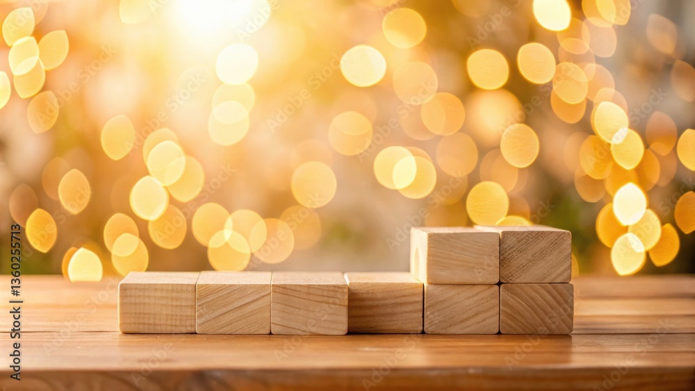 Leinwandbilder Wooden blocks arranged on a table against a bokeh background