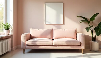 An inviting interior with a sofa plants and a framed picture