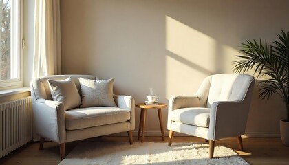 Fototapeta premium Two comfortable armchairs in a sunlit and cozy interior space