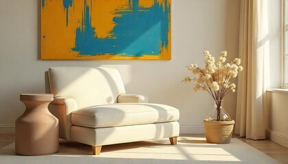 Interior design featuring a chair artwork decorative vase and curtains