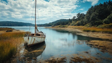 Sailboat at rest, coastal inlet, calm water, sunny day, nature scene, travel photography