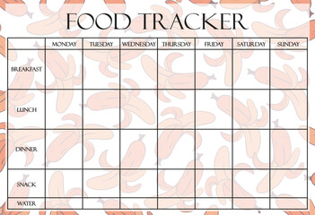 Food tracker set icon. Banana-themed background with grid for logging meals and water intake daily across the week, designed for nutrition planning.