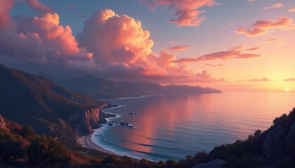 Coastal illustration scenic view of Catalina Island at sunset. Calm ocean bay, sky with puffy pink clouds. Mountains, sea, beach and sunset light reflecting on the water surface.