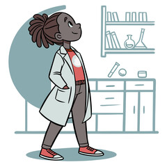 A young black girl with dreadlocks stands proudly in a medical lab, wearing a lab coat over a casual outfit, surrounded by scientific tools and shelves filled with lab equipment