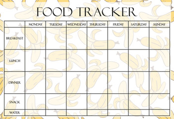 Food tracker set icon. Banana-themed background with grid for logging meals and water intake daily across the week, designed for nutrition planning.