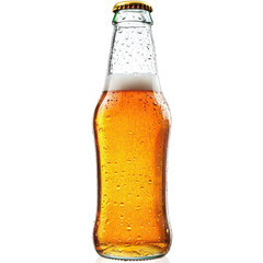 Refreshing bottle of sparkling beverage with condensation against a clear background