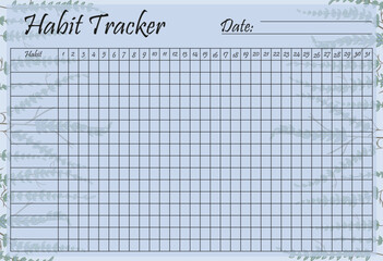 Habit tracker set icon. Green leaf branches in the background with clean monthly grid for building positive habits and tracking daily progress.