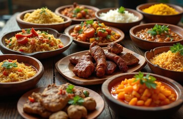 Assortment South African dishes. Traditional cuisine features various food bowls with rice, meat and vegetable meals. Delicious, flavorful, cultural heritage, cooking, culinary experience.