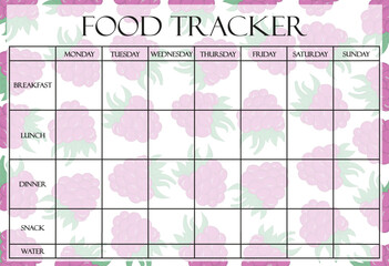 Food tracker set icon. Raspberry background with structured meal log for breakfast, lunch, dinner, snacks, and water, designed for weekly nutrition tracking.