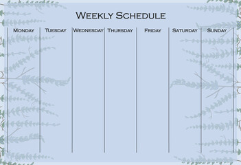 Weekly schedule set icon. Green leafy background with vertical layout for organizing weekly tasks in a natural, calm planner format.