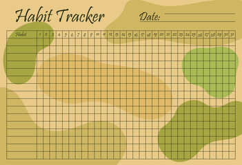 Habit tracker set icon. Abstract yellow and green background with monthly grid to track habits and maintain daily progress in an earthy warm design.