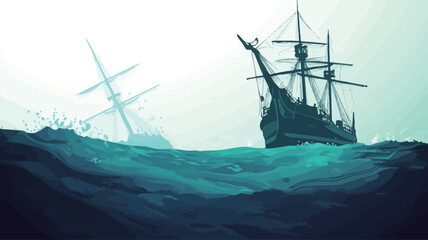 Obraz premium The image depicts two sailing galleons on a turbulent sea. The foreground is dominated by dark teal waves, creating a sense of depth and movement. One galleon is prominently featured in the