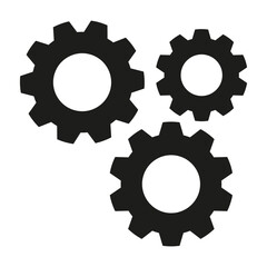 Gear group set icon. Three interconnected gears in motion indicating mechanics, teamwork, and function.