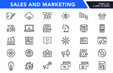 Sales and Marketing line icon set. SEO, promotion, sales dashboard, report, targeting, ad, sales funnel, and Sales strategy outline icon collection. UI thin outline icon pack