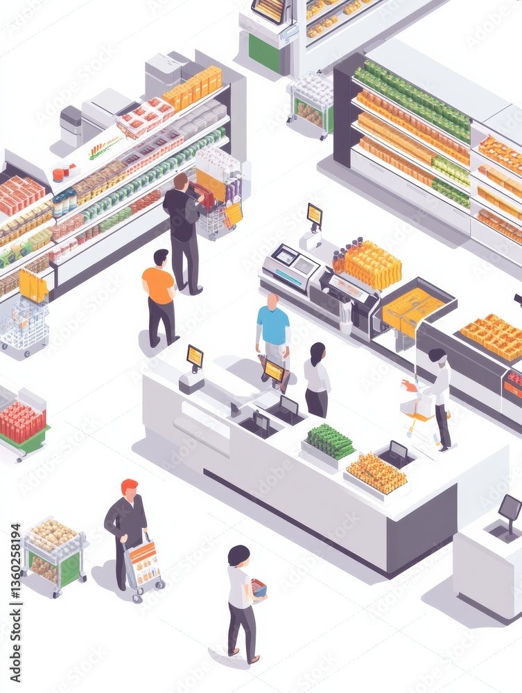 Aufkleber Bright and modern isometric supermarket with shoppers and couriers engaging in daily activities Generative AI