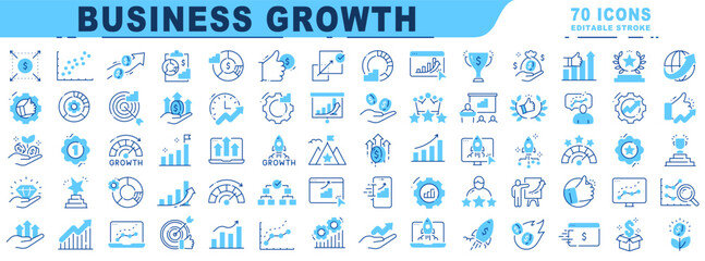 Big set of business growth related filled line icons. Editable stroke