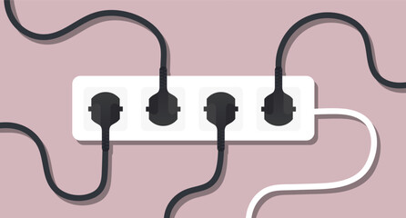 Electricity set icon. Power strip with multiple black plugs connected symbolizes energy use, overload, home electricity, electronic devices, network, and utility management.