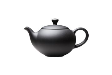Black tea kettle sits on a white background, isolated