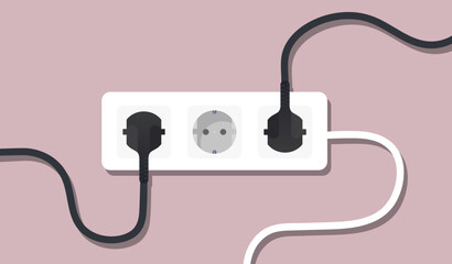 Electricity set icon. Power strip with two plugs and two empty sockets represents partial usage, home energy setup, electric safety, and network availability.