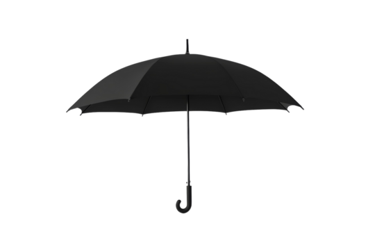 Black umbrella is open and standing upright, isolated