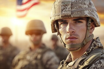 Fototapeta premium Man in a military uniform stands in front of a flag