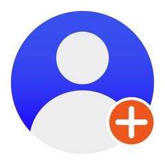 Profile set icon. User silhouette with plus sign indicates account creation, registration, new member, social profile, and contact addition.