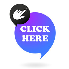 Interface set icon. Blue bubble with click here and hand pointer represents interaction, navigation, web button, user interface, and digital engagement.