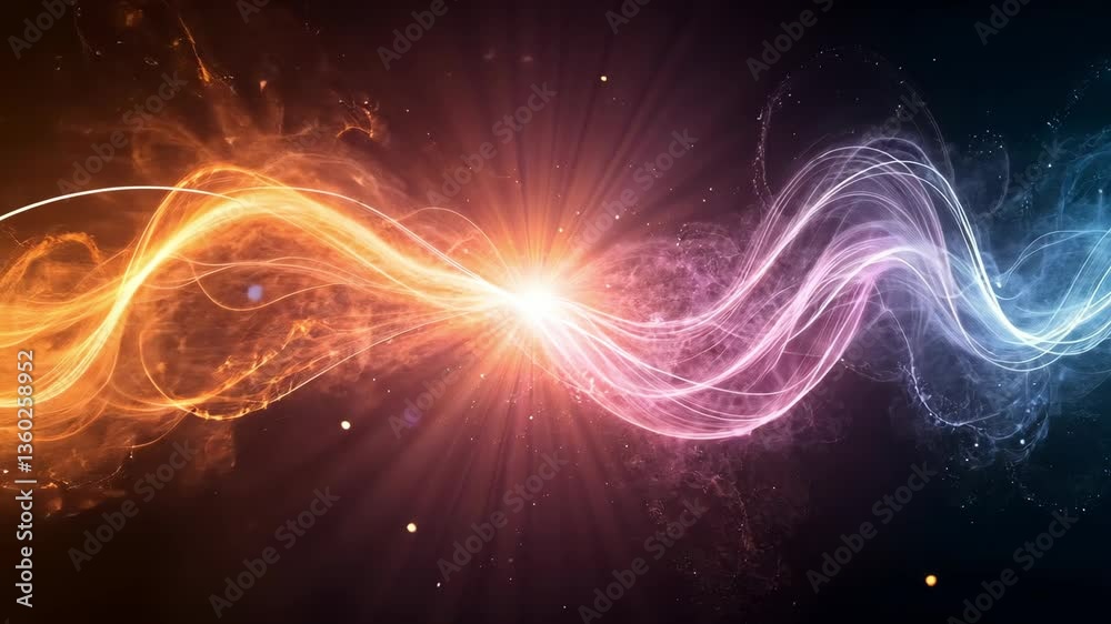 Poster dynamic flow of colorful light waves in dark background creating abstract visual energy patterns