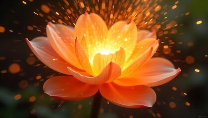 Fototapeta premium Glowing orange lotus flower with illuminated petals and golden sparkles