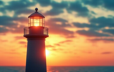 Coastal Lighthouse Gleams at Sunset, Guiding Light Across the Calm Ocean Waves, A Beacon of Hope in the Orange Sky