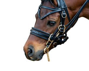Close-Up of a Brown Horse with Black Bridle, Capturing the Beauty and Elegance of Equestrian Equipment and the Majestic Animal in Exquisite Detail