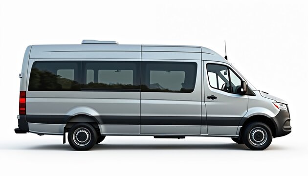 Modern silver minibus isolated on white background. Side view on commercial passenger van. Transportation vehicle for travel, tour. Minivan for business or family trip. Tour, tourism.