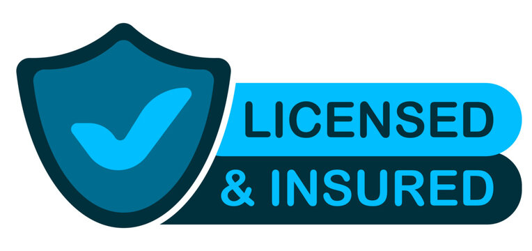 Safety set icon. Green shield with checkmark and phrase Licensed insured indicates protection, verified service, legal compliance, certified company, secure solution.