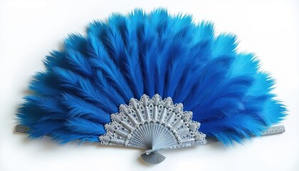 Luxurious blue feather fan, cut out on white. Elegant ornate accessory for theater or fashion. Detailed design, vibrant colours, high quality crafted item, stage prop.