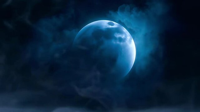 A vibrant blue moon partially obscured by dark, swirling clouds in a nighttime sky, Seamless looping time lapse animation video background, art.