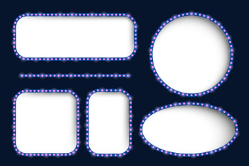 Frame set icon. Various glowing shapes with lightbulb borders on dark background for promotion, signage, announcement, digital design, advertisement, visual highlight.
