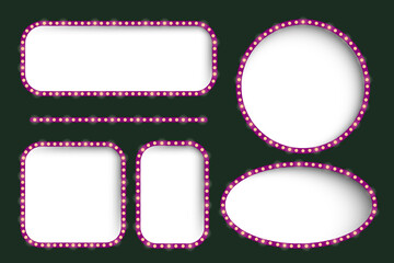 Frame set icon. Various glowing shapes with lightbulb borders on dark background for promotion, signage, announcement, digital design, advertisement, visual highlight.